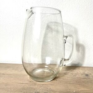 Vtg Hand Blown Glass Pitcher Clear Glass 8.75" Applied Handle Ruffled Spout‎ Y2K
